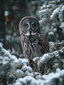 The Mysterious Presence of a Great Gray Owl in a Snow Forest photo