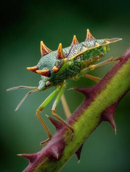 A Cluster of Alien Looking Thorn Bugs on a Stem photo