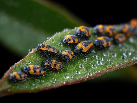 A Leaf with Ladybug Larvae That are Eating Aphids photo