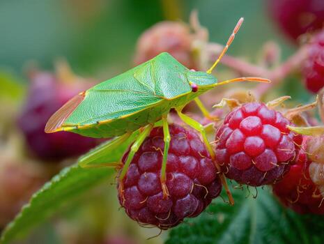 A Ripe Red Raspberry with a Green Shield Bug on It photo