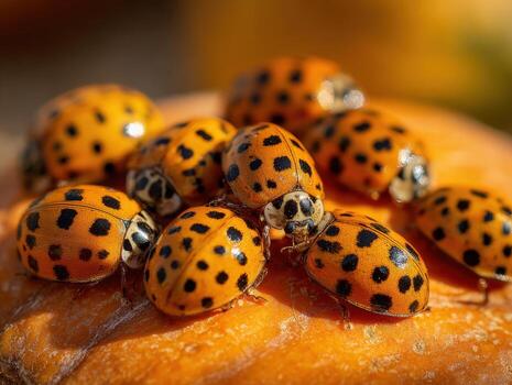 An Autumn Pumpkin Covered with a Cluster of Ladybugs photo