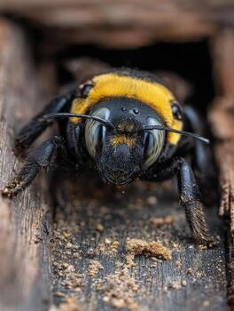 Detailed Image of a Carpenter Bee Making a Nest in Wood photo