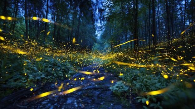 The Magical Light of a Firefly Swarm in a Forest photo