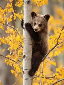 A Grizzly Bear Cub Is Curious And Climbs A Tree photo