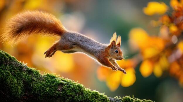 A Red Squirrel Is Leaping In A Colorful Forest photo