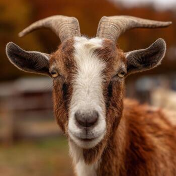 A Unique Goat With Magnificent Horns Poses photo