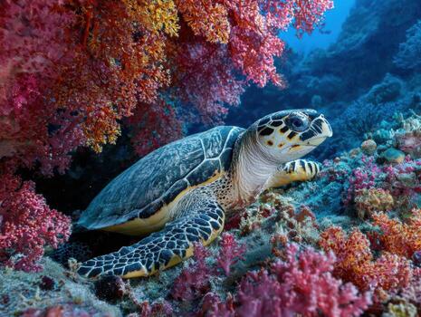 un pacífico carey Tortuga en un suave coral parche foto