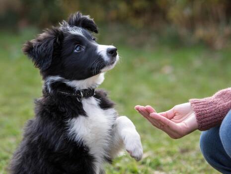 A bonding experience that involves teaching a young dog a new trick photo