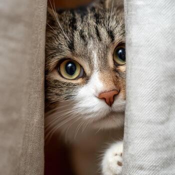 A cat is playing a fun game of peekaboo behind a curtain photo