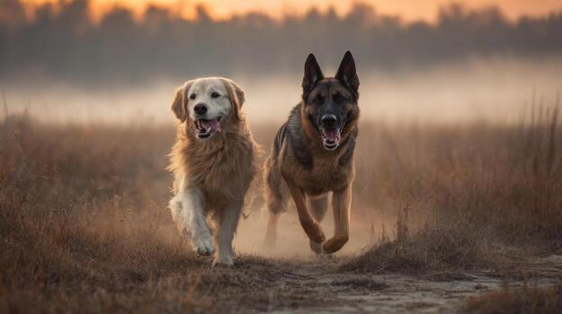 Two dogs run without leashes in a misty fall field as the sun rises photo