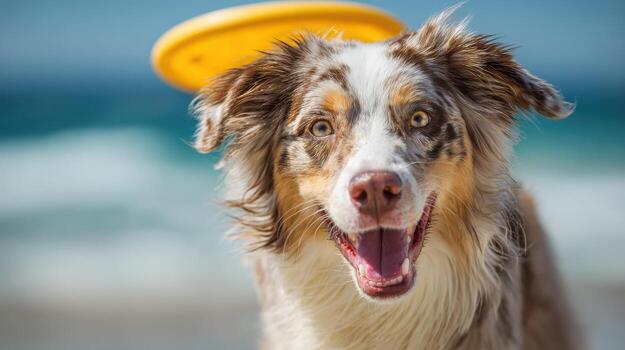 A nimble Australian Shepherd snags a frisbee at the beach photo