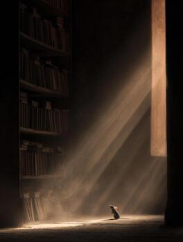 A lone house mouse is on a dusty bookshelf in a library photo