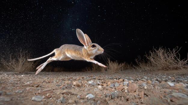 A long eared jerboa makes an acrobatic jump in the Gobi desert photo