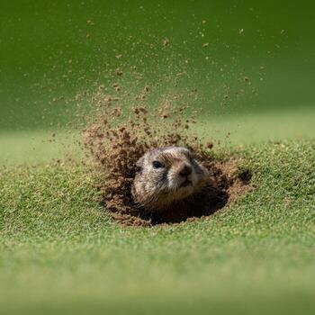 A gopher digs a mound on the green of a pristine golf course photo