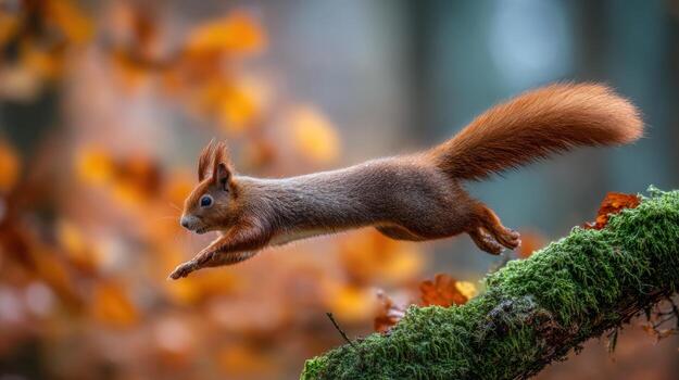 A red squirrel makes a graceful leap in an autumn woods photo