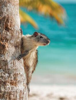alpinismo un palma árbol en un playa es un ágil jutía foto