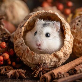 Peeking from a festive autumn gourd is a dwarf hamster photo