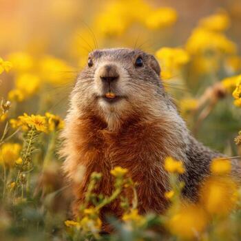 Smiling in a field of wildflowers is a cheerful groundhog photo