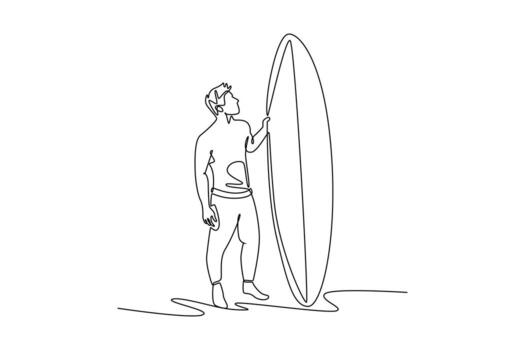 Single continuous line drawing man stands on beach with his surfboard, looking at waves. Anticipation, freedom, and peaceful thrill of the sea. Dynamic one line draw graphic design illustration vector