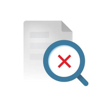 Modern gradient illustration of document silhouette with magnifying glass and cross mark. file not found, no document available, error search result, or missing data concept vector