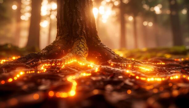 Tree Stump With Glowing Root Map for Hidden Network and Earth Connection Art.......................................................................... photo