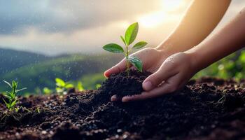 plantando un árbol joven en un lluvioso ladera, manos cuidadosamente colocación un pequeño árbol en fértil suelo durante ligero lluvia ducha, rodeado por nativo plantas y suave verdor, ilustrando repoblación forestal y env foto