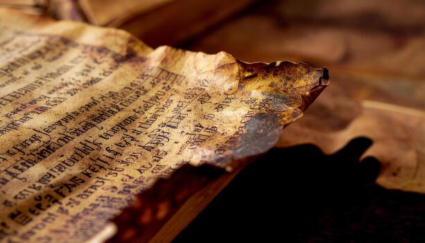 Glowing Vein Pattern Matching Ancient Script on Dried Leaf for Forgotten Language Art................................................................. photo