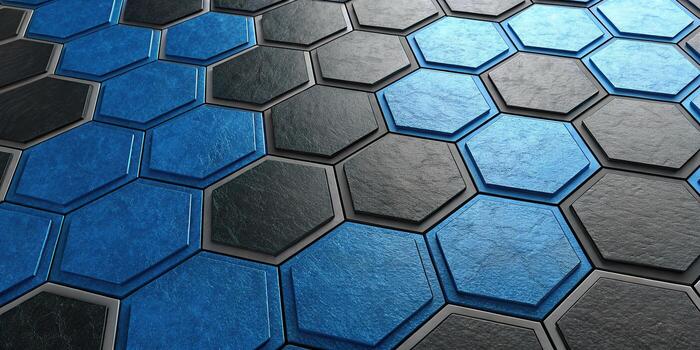 Abstract hexagonal pattern with blue and gray textured surfaces photo