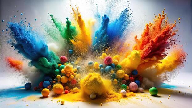 explosión de vibrante holi polvo y vistoso esferas en un dinámica monitor foto