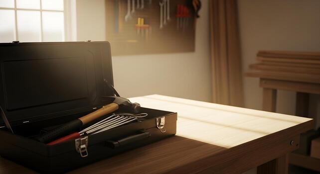 Hammer And Nails in toolbox in garage workshop soft shadow photo