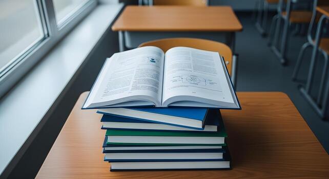 Stack Of Textbooks open page in classroom top-down photo