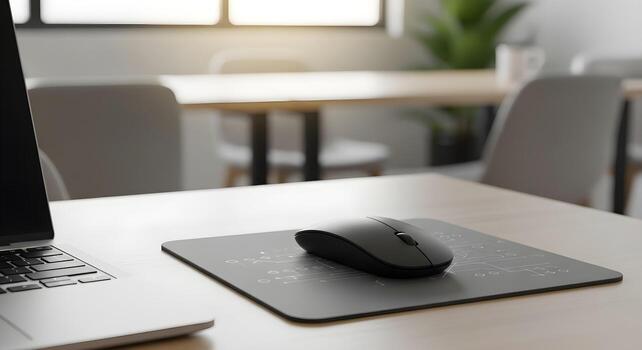 Mouse And Mousepad coding concept in coworking space soft backlight photo