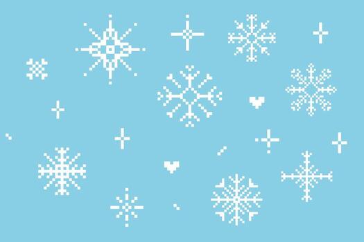 Pixel set snowflake winter retro pixilated 8 bit game stamp. Collection y2k snow, minimal and simple. Holiday flake ornament. Simple crystal ornament vector