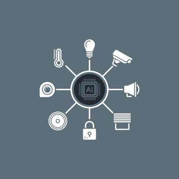 verde azulado un yo pastilla centrado inteligente hogar sistema red gráfico blanco íconos bombilla termómetro seguridad cámara altavoz bloquear persianas megáfono movimiento sensor gris antecedentes vector