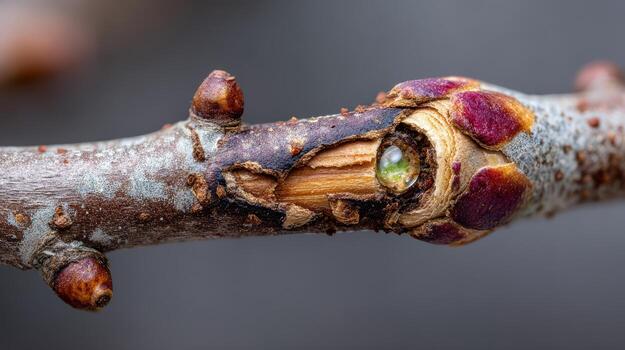 A close up of a tree branch with a green eye photo
