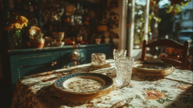 A table with plates and glasses on it photo