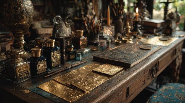 A desk with many different types of items on it photo