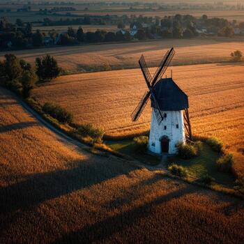 A windmill in the middle of a field photo