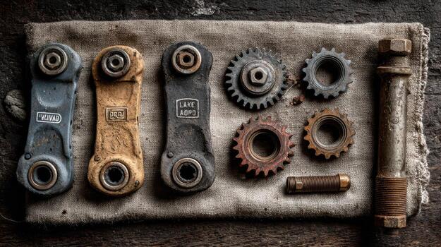 A collection of gears and tools on a cloth photo