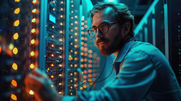 A man with glasses and beard is working on a server photo