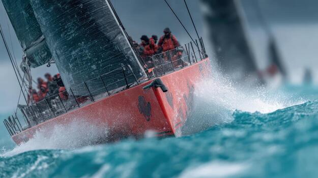A red boat with black sails in the ocean photo