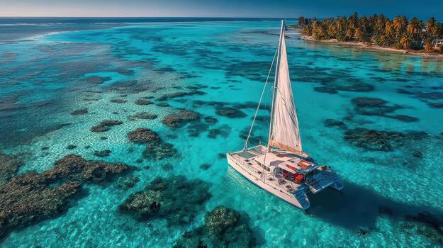 A catamaran sailing in the turquoise waters of the fiji islands photo