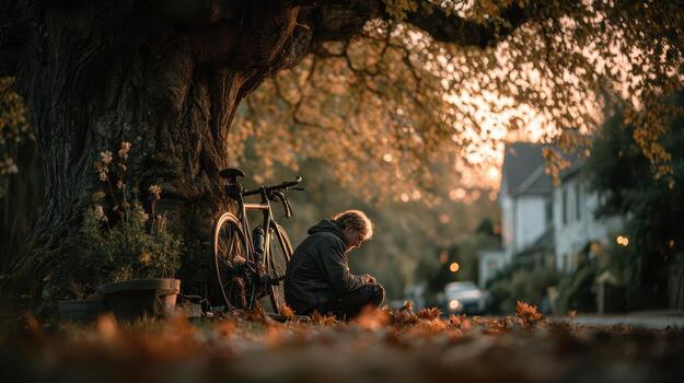 A person sitting under a tree with a bicycle photo
