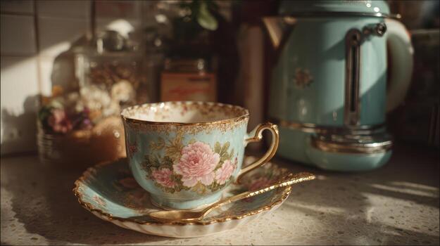 A teacup and saucer with a gold spoon on a table photo