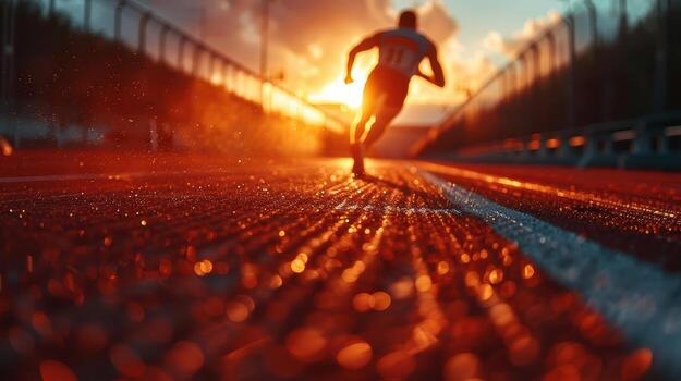 A man running on a track at sunset photo