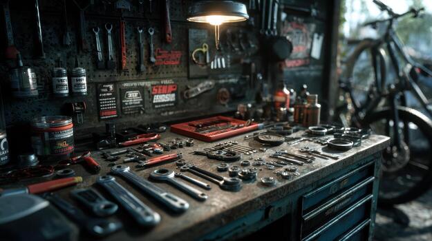 A workbench with tools and a bicycle photo