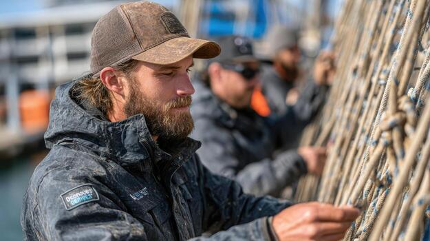 A man with a beard and hat is working on a rope photo