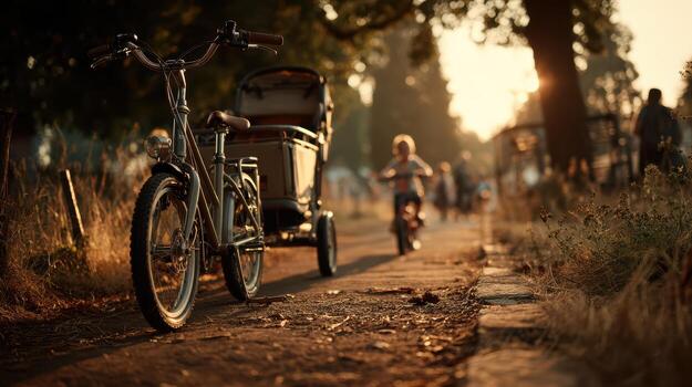 A bicycle with a child in a stroller on a path photo