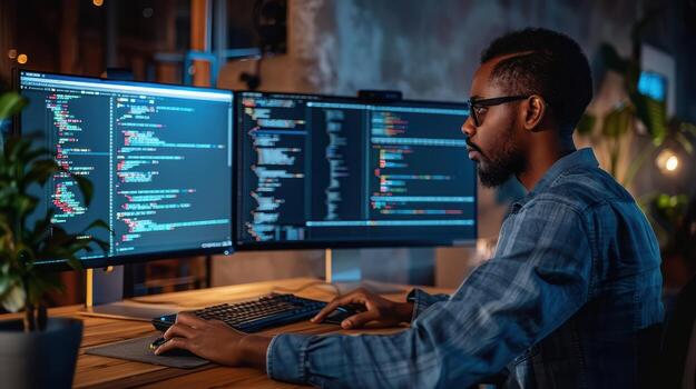 un hombre en un azul camisa es trabajando en dos computadora pantallas foto