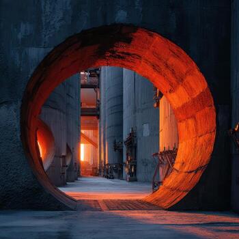 Industrial Architecture with Circular Opening and Sunset Glow photo
